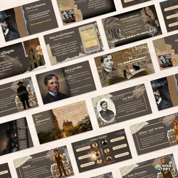 El Filibusterismo PowerPoint Template – 21-slide editable classroom presentation inspired by José Rizal’s novel, available in Canva and PowerPoint formats. Perfect for Filipino students and teachers. Designed by @misspptph.